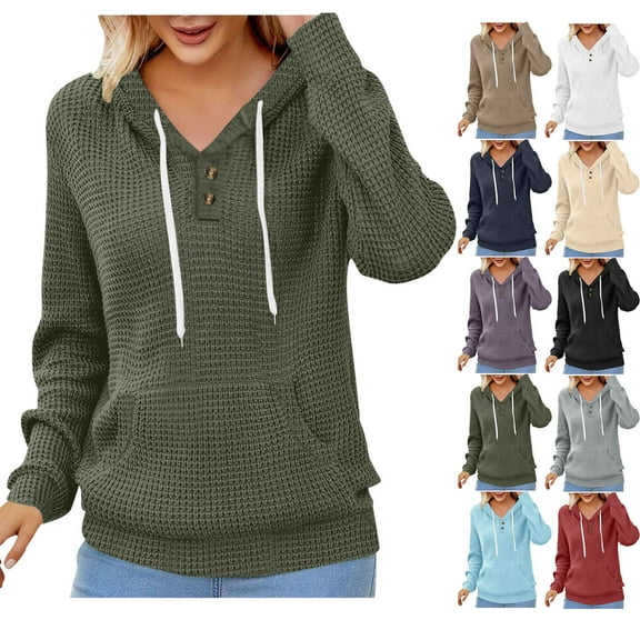 BiZtdJrK Womens Waffle Pullover Hoodie Long Sleeve Oversized Drawstring Sweatshirt with Pocket Casual Athletic Gym Hooded Sweatshirt Army Green M