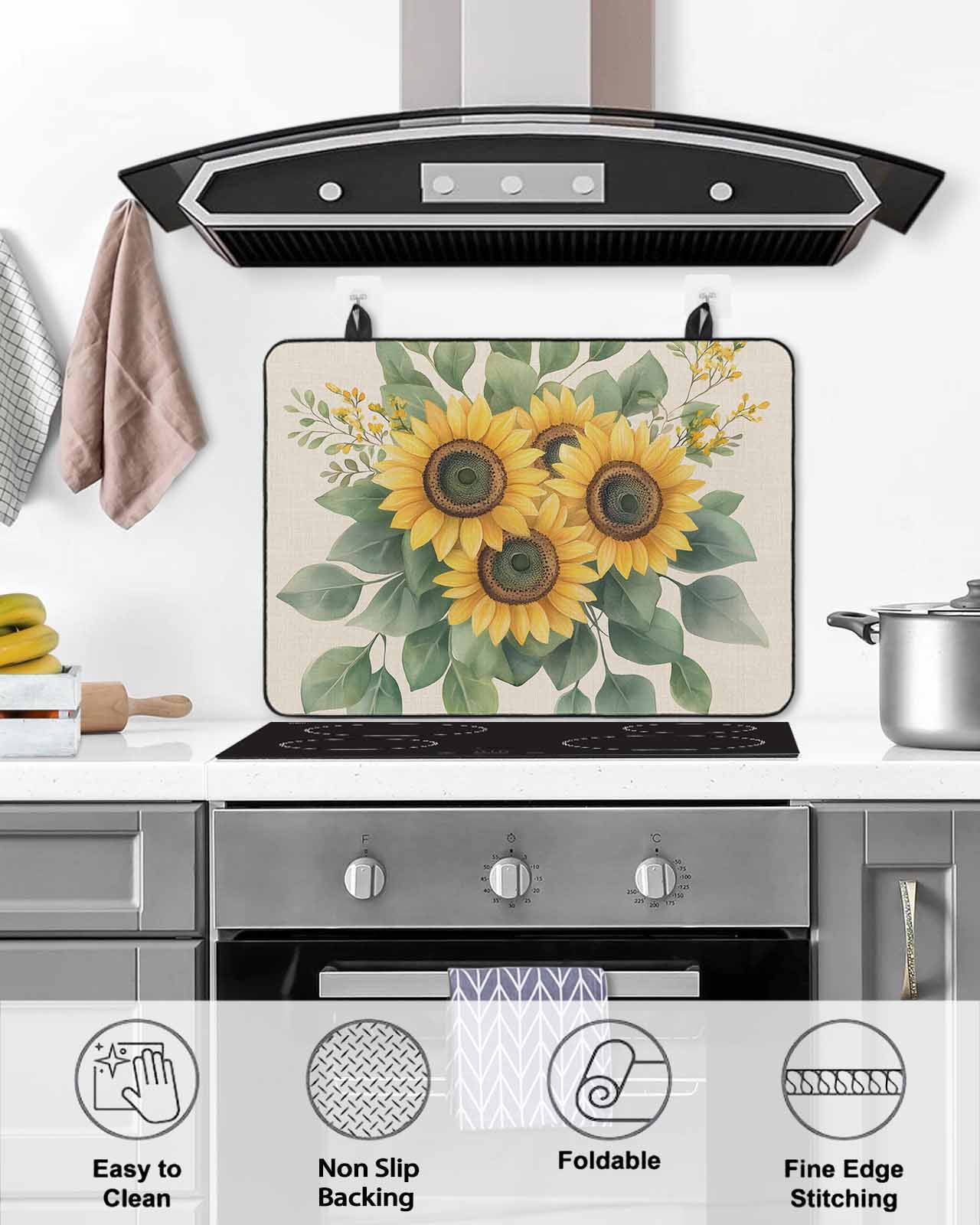 nqOlkjepod Large Induction Cooktop Protector Mat 24"x21", Summer Sunflowers Stove Top Covers for Electric Stove, Watercolor Floral Botanical Retro Stove Burner Cover Mats, Glass Top Stove Cover