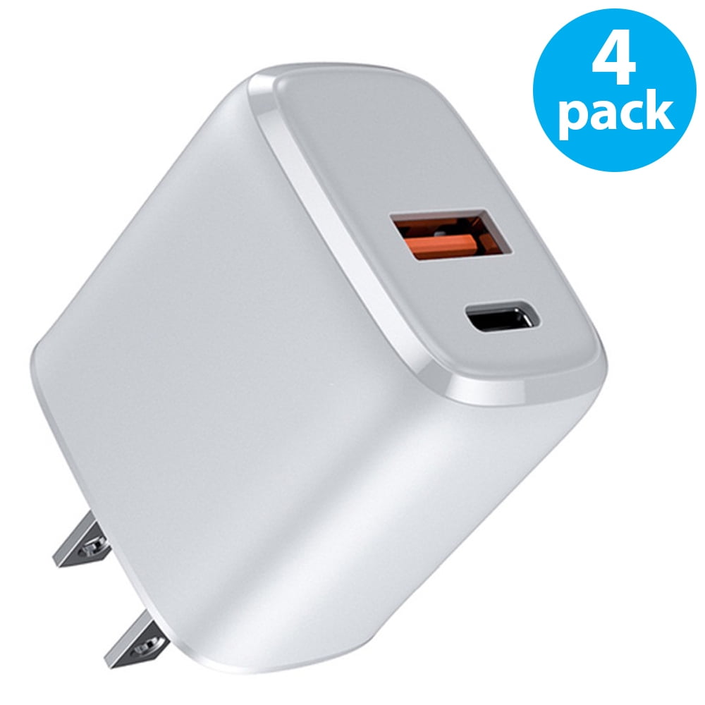 4-Pack Dual Port USB-C Wall Plug-in USB Charger, Borz 20W Power Delivery + QC3.0 USB A Double Port Fast Charging Block for iPhone 14 13 12 Pro Max 14 Pro 12 Mini 14 11 Pro Max 14 Plus 11 SE X XS Cube