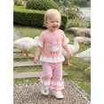 thumbnail image 3 of BemeyourBBs Toddler Baby Girl Silly Goose Outfits Infant Baby Girls Spring Summer Fall Clothes Goose Themed Print Lace Patchwork Short Sleeve Shirt Tops and Plaid Flared Pants 2 Pcs Set, 3 of 8