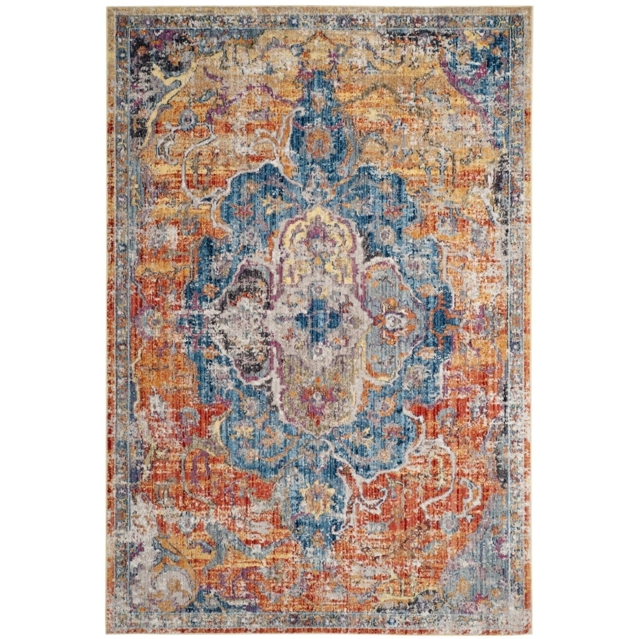 SAFAVIEH Bristol Waverly Oriental Polyester Area Rug, Blue/Orange, 7' x 7' Square