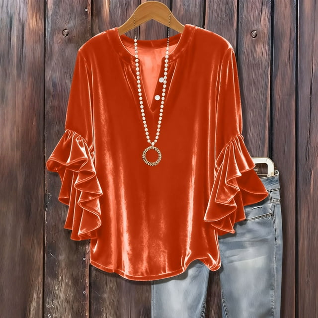 TACILIP Womens Dressy Casual Blouses 3/4 Sleeve Velvet Tops Button V Neck Ruffle Tops Summer Fashion Work Shirt