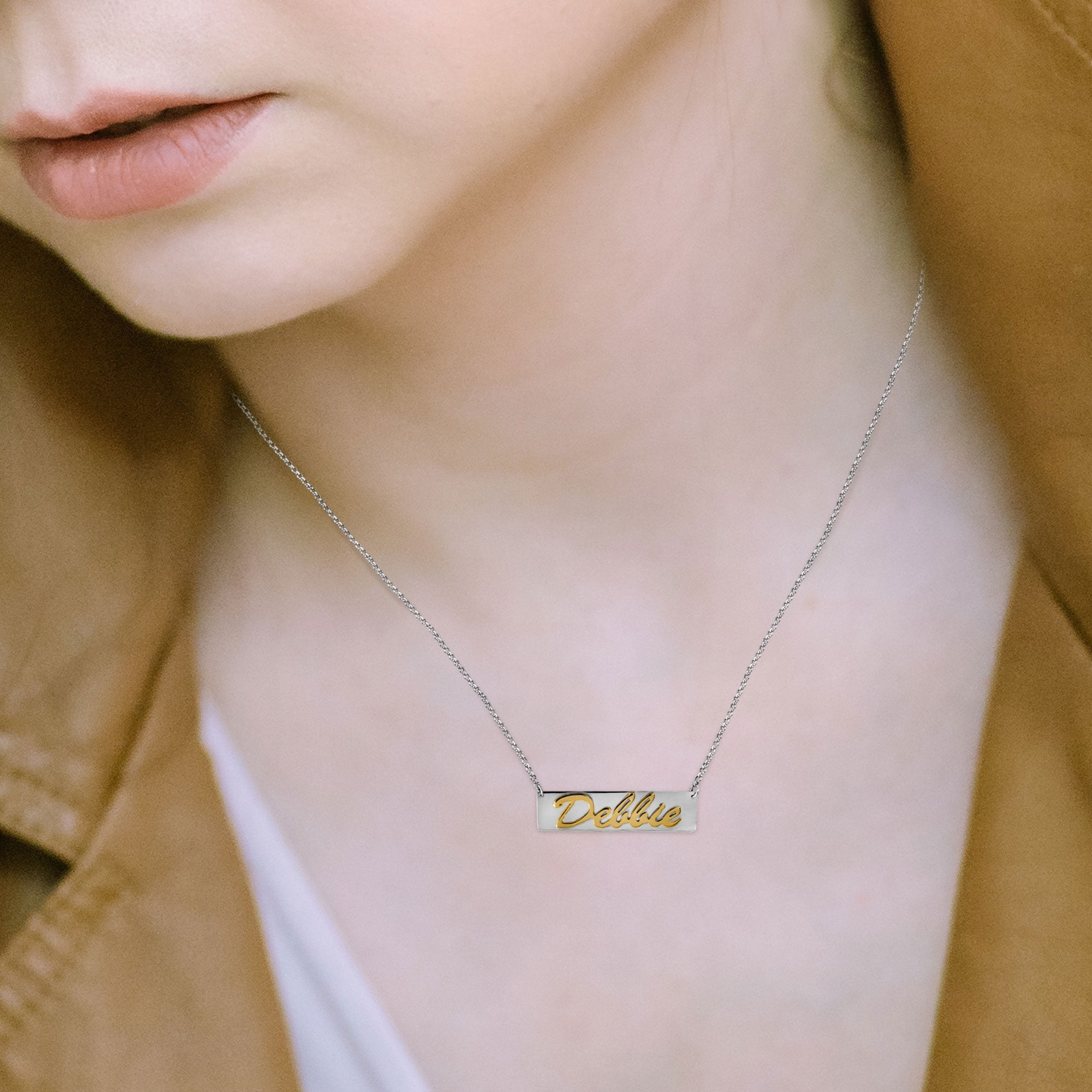 14Kt Solid Gold & Sterling Silver Personalized Script Name Necklace with Sterling Silver Rollo Chain