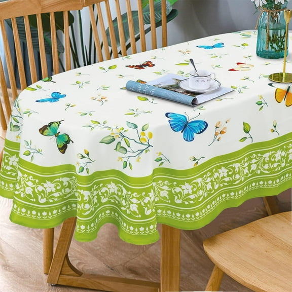 Oval Tablecloth Butterfly Floral Tablecloth, Print Fabric Indoor/Outdoor Waterproof Wrinkle Free Durable For Tables 60x102 In, Green Floral06