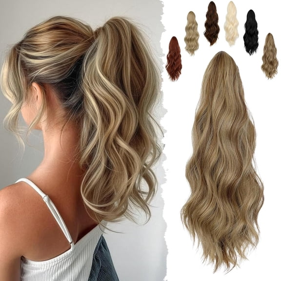 JOFMWIX 16" Ponytail Extension Long Curly Wavy Ponytails Clip in Claw Hair Extension Pony Tails Natural Looking Synthetic Hairpiece for Women Light Brown mix Ash Blonde