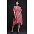 thumbnail image 2 of Bimba Pink Bird Printed Womens Ruffle Front Cold Shoulder Swing Shift Dress - Small, 2 of 6