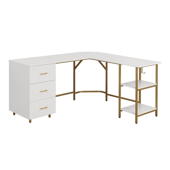 Techni Mobili L-Shape Home Office Desk with Storage, Gold/White