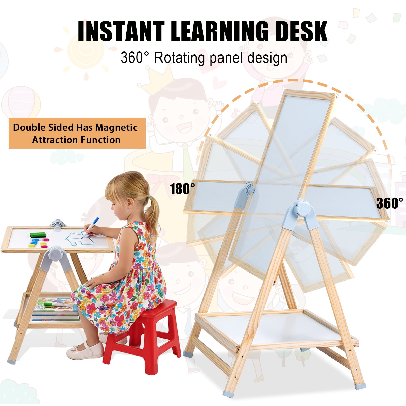 Jacgood Art Easel for Kids, Adjustable Double Side Art Drawing Standing Dry Erase & Chalkboard for Boy & Girls , Adjustable Height, Wooden Gift & Art Supplies
