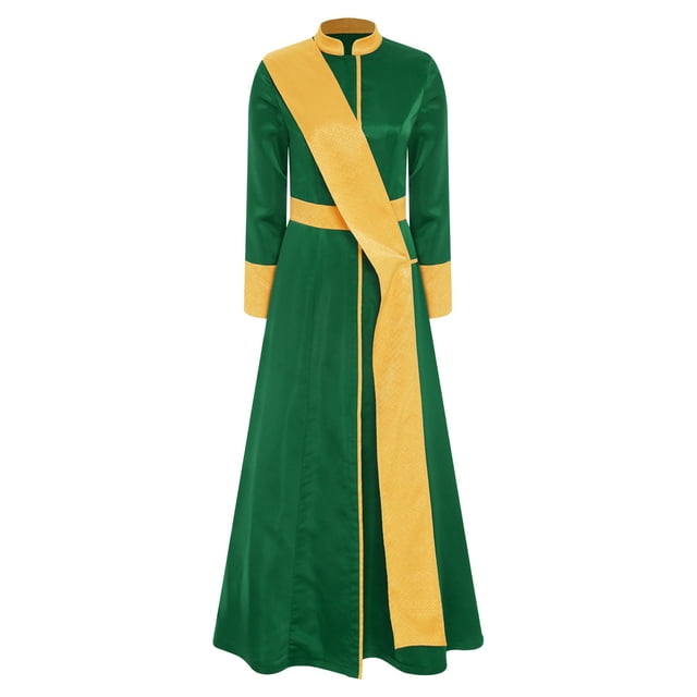 TiaoBug Robe de Cosplay de Prêtre à Manches Longues pour Femmes avec Étole, Fermeture Éclair avant, Patchwork Jacquard pour Fêtes, Vert, TTG
