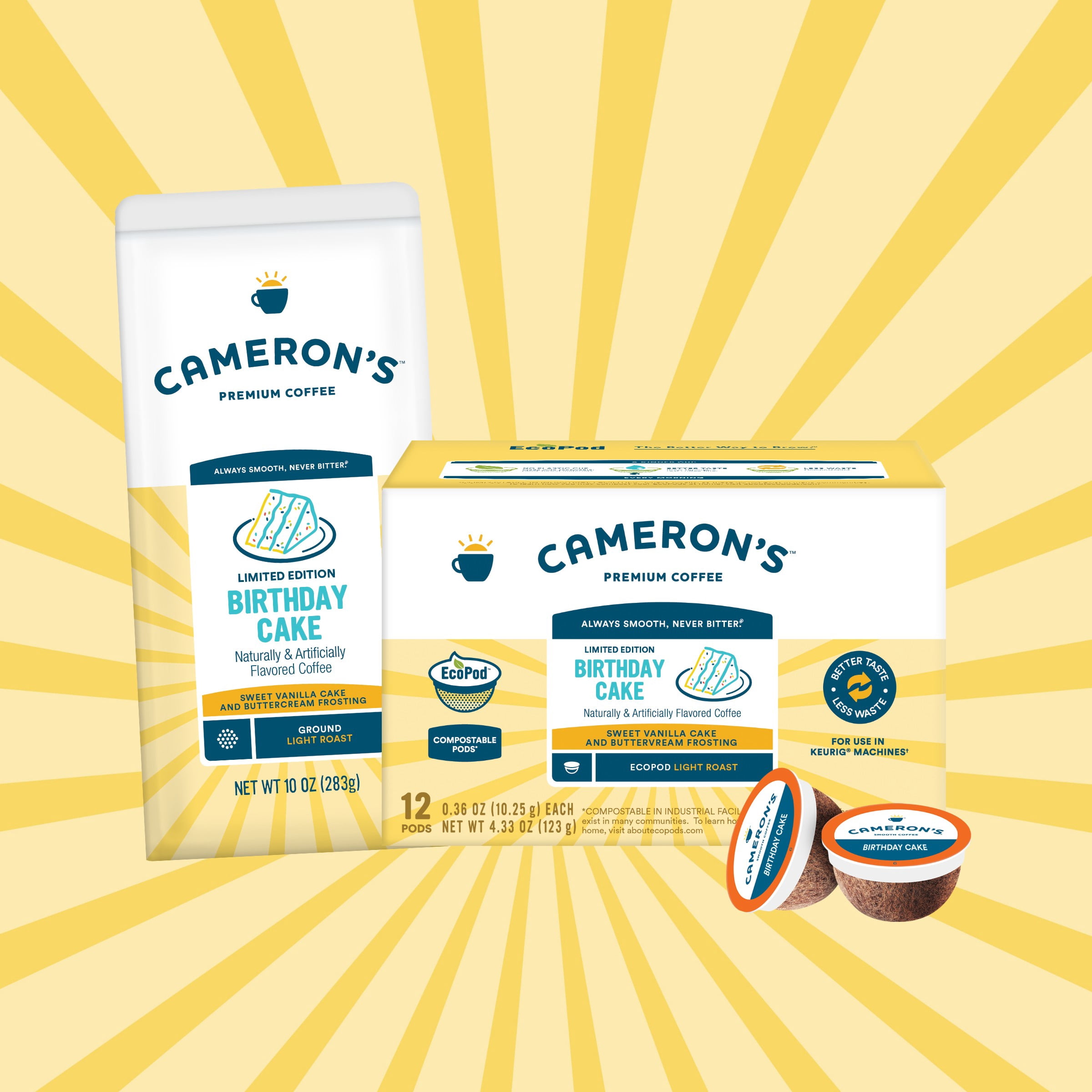 Cameron's Coffee Birthday Cake Flavored Light Roast Ground Arabica Coffee, Vanilla & Buttercream, 10 oz Bag