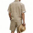 thumbnail image 5 of Migroa Men's Linen Shirts Shorts Outfits Beach 2 Pieces Sets Button Down Suit Casual Summer Tracksuit Vacation Clothes Matching Outfits Khaki M, 5 of 8