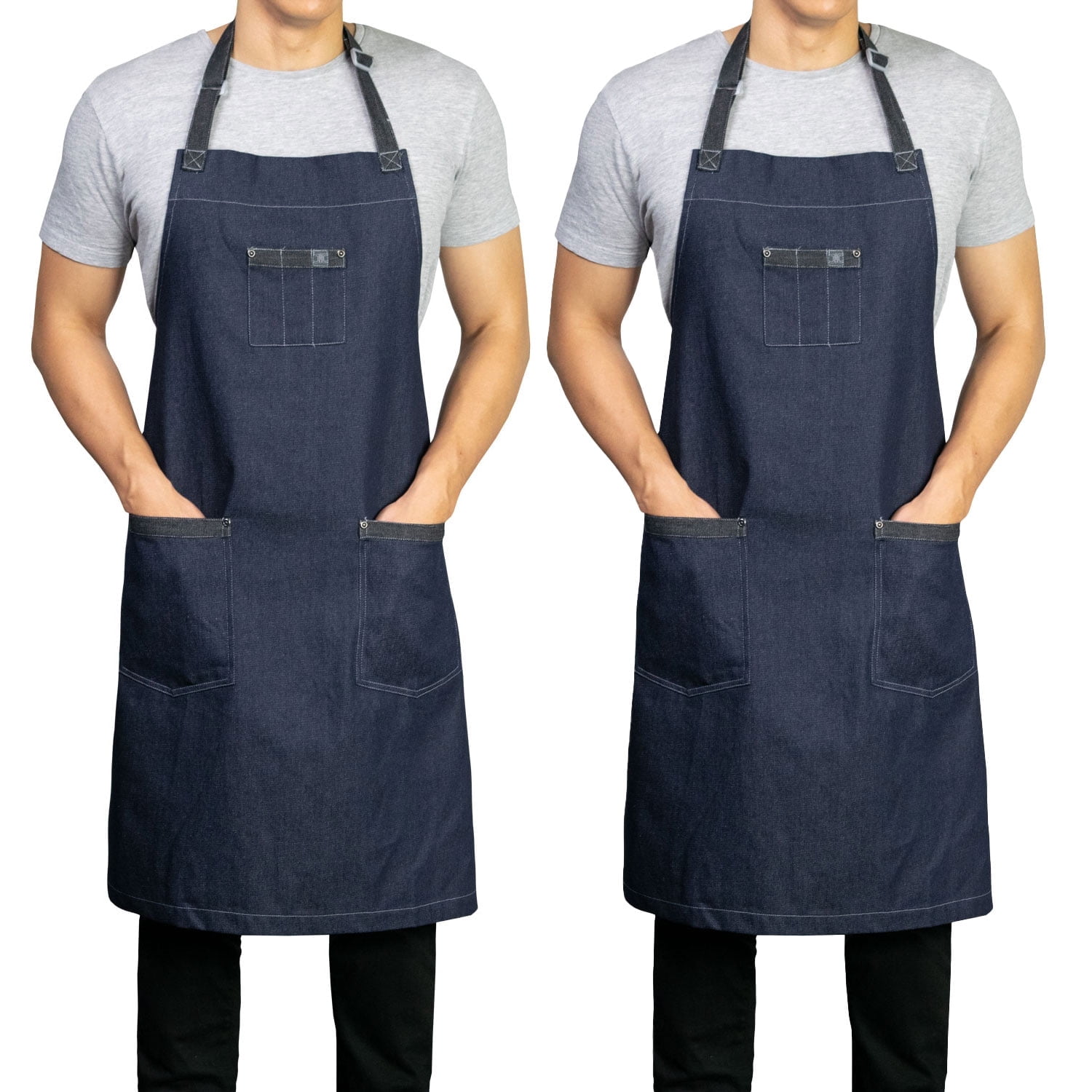 2-Pack Chef Code Denim 3-Pocket Bib Apron with Adjustable Neck Strap, 34" Long