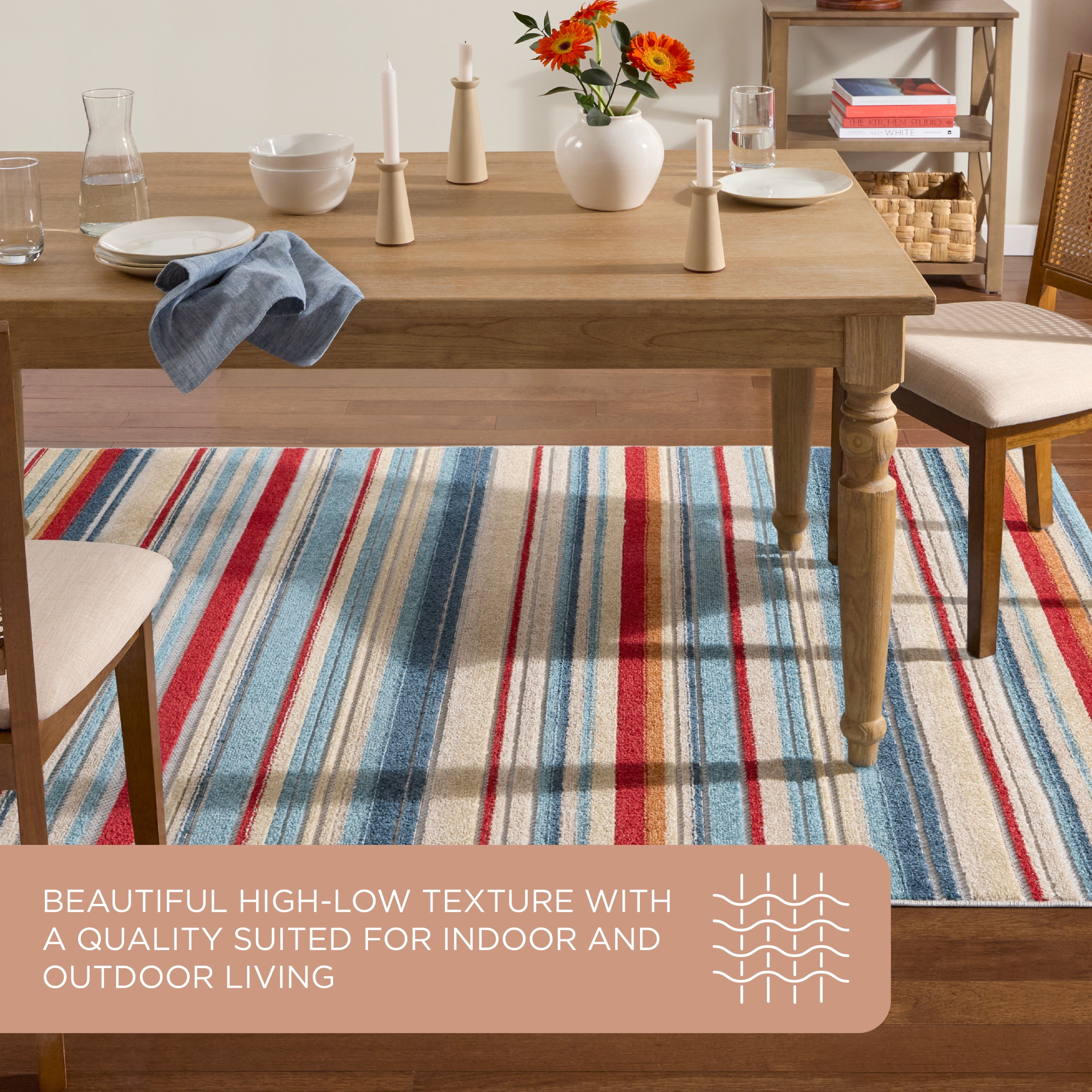 TOWN & COUNTRY EVERYDAY Rio Multicolor Stripe Indoor Outdoor Area Rug, UV Fade Resistant, High-Low Pile, Red/Mutli, 5'2"x7'2"