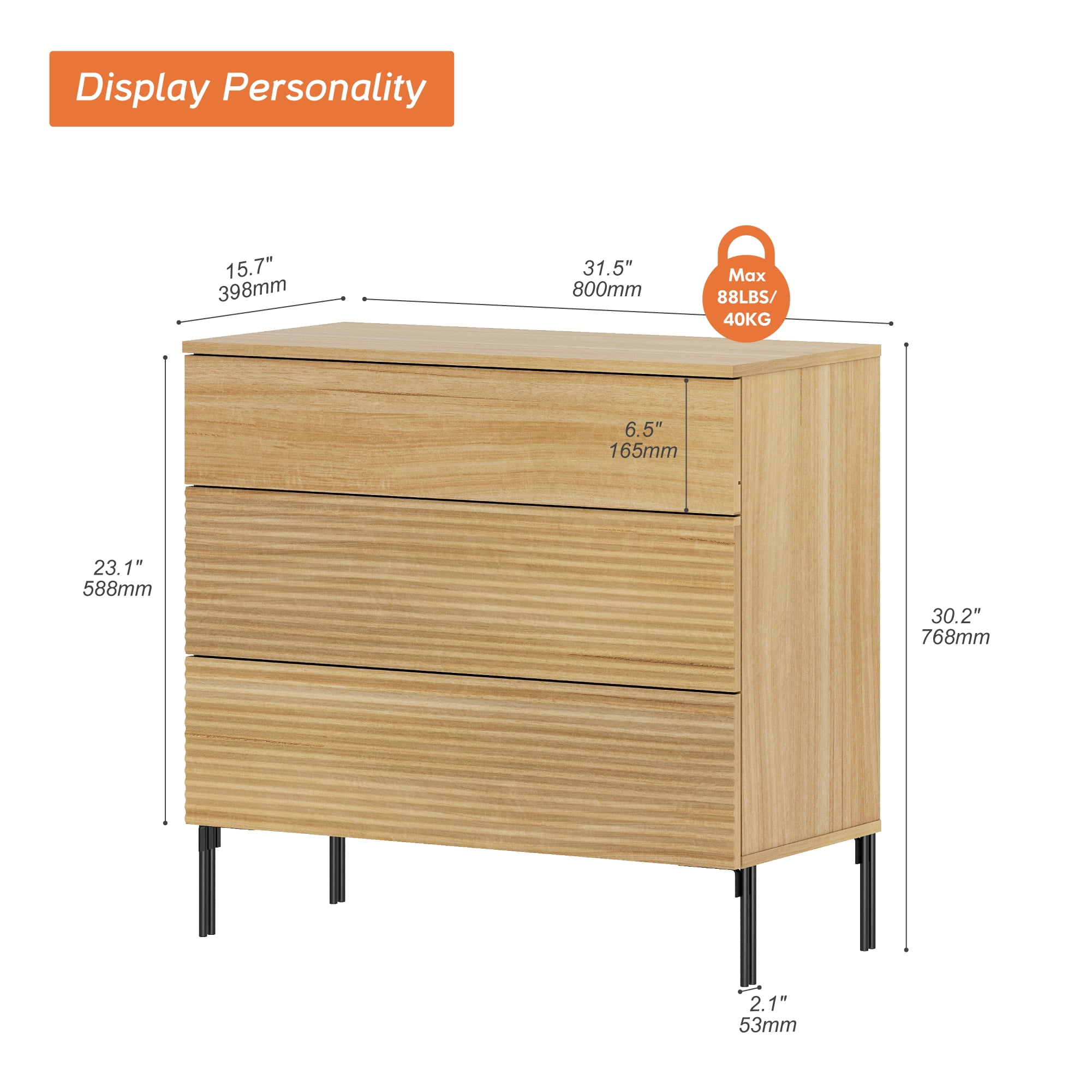 WAMPAT 31.5" Modern TV Stand for TVs up to 45 Inch, Fluted Wood Media Console with 3 Drawers, Push-to-Open Storage Cabinet for Living Room