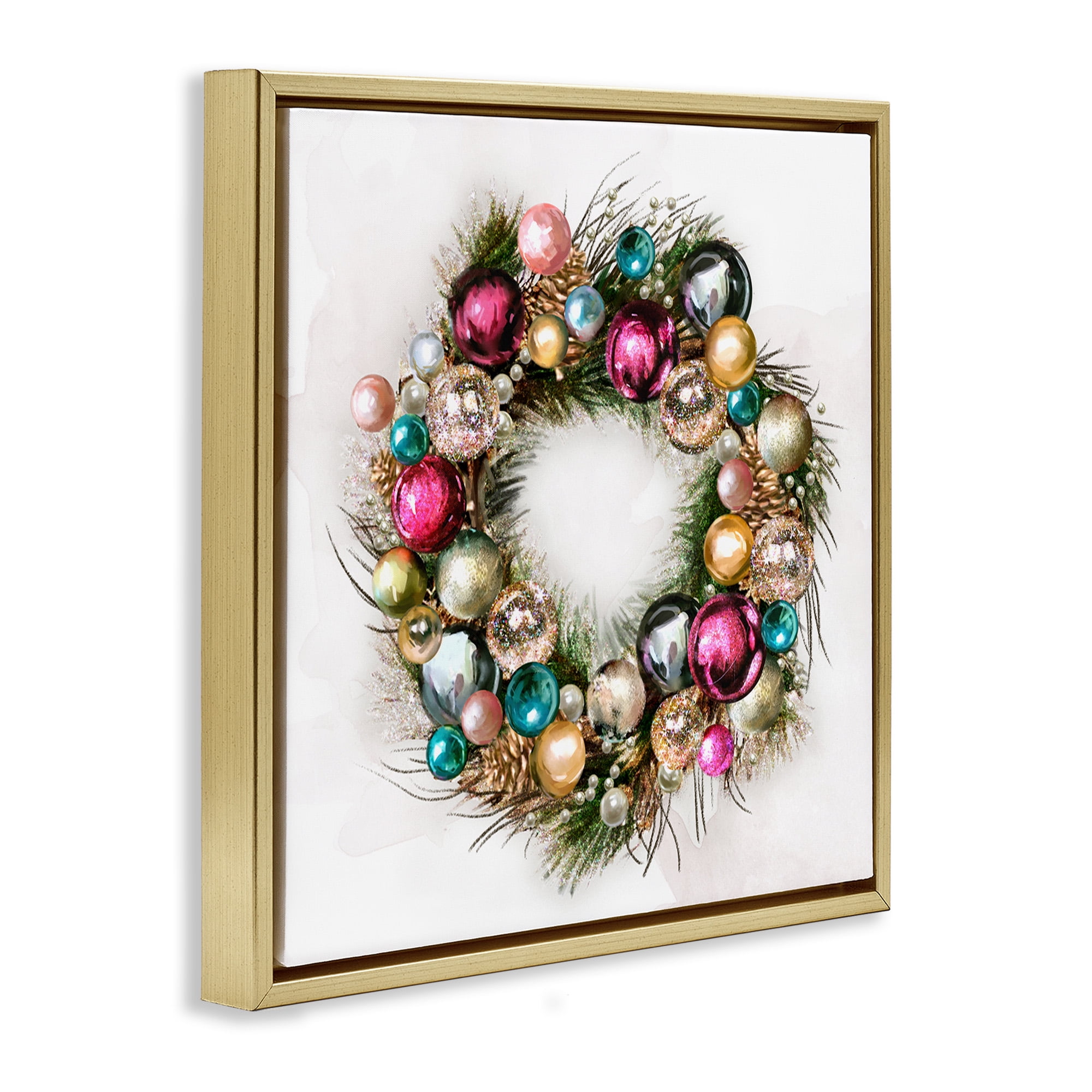 Stupell Industries Festive Ornamental Wreath Holiday Painting Gold Floater Framed Canvas Art Print Wall Art, 18 x 18
