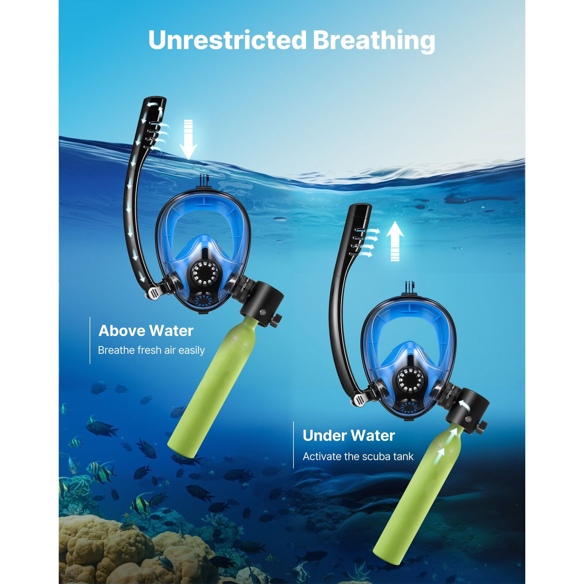 Mini Scuba Diving Tank Set, 0.5L Tank, Full-Face Mask, 5-10 Minutes Breathing Time, 180° Panoramic View, Aviation-Grade Aluminum, for Snorkeling & Shallow Water Exploration