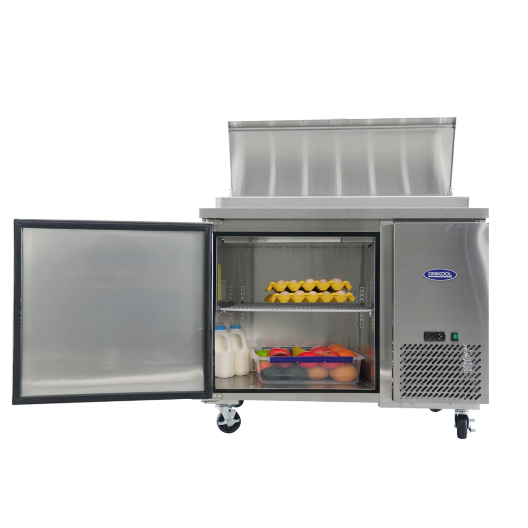 Orikool 44 IN Commercial Pizza Prep Table with a Built-in Refrigerator 11 Cu.Ft, Butcher Block Cutting Board, Protection Lid, Cold Storage, and Smooth-Rolling Casters, ETL Certified (LTL carry)