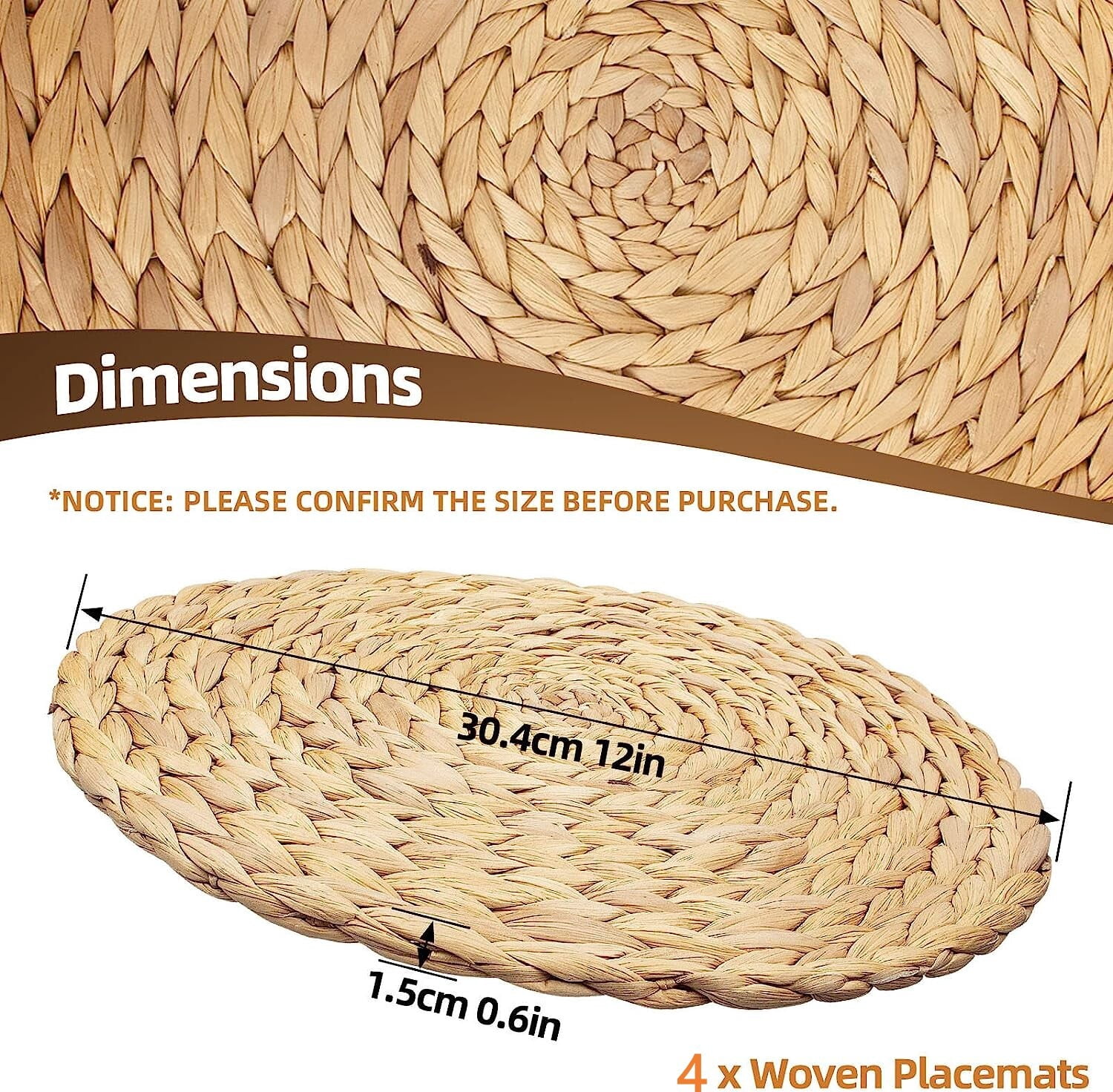 Round Placemats Set of 8 Rattan Placemats Woven Placemats 12 Inch Natural Hyacinth Wicker Placemats Farmhouse Boho Circle Braided Heat Resistant Outdoor Placemats Patio Table Place Mats