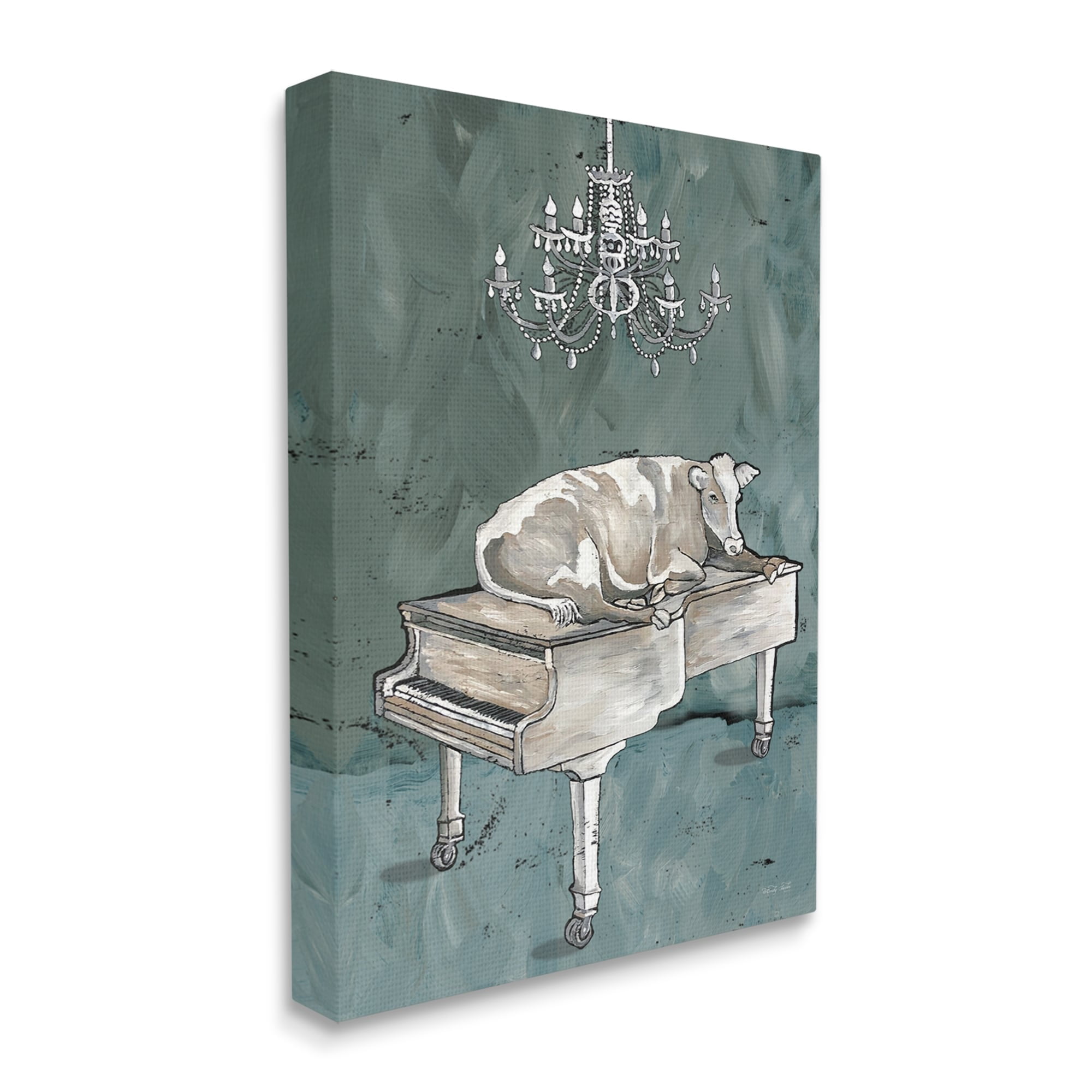 Stupell Industries Cow Resting on Piano Fancy Chandelier Green Gray, 36 x 48, Design by Cindy Jacobs