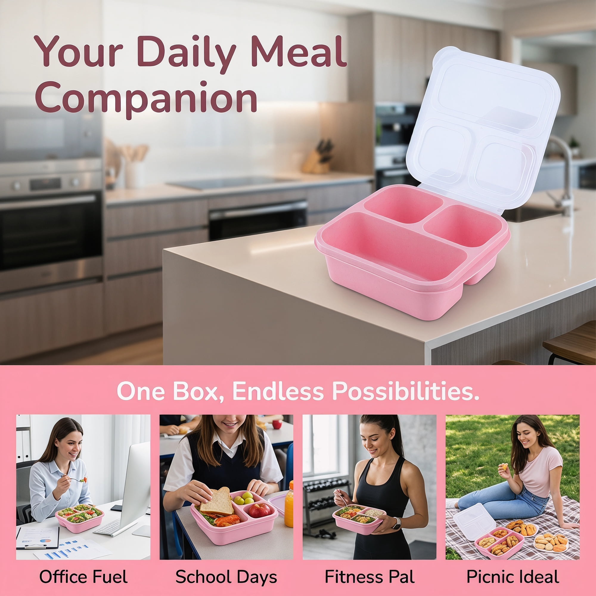 Unique Bargains Wheat Straw Leak-Proof Meal Lunch Bento Box for Work Travel Pink