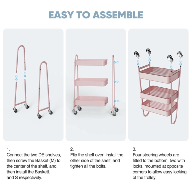 edx 3-Tier Metal Rolling Cart with Mesh Baskets, Pink photo 6
