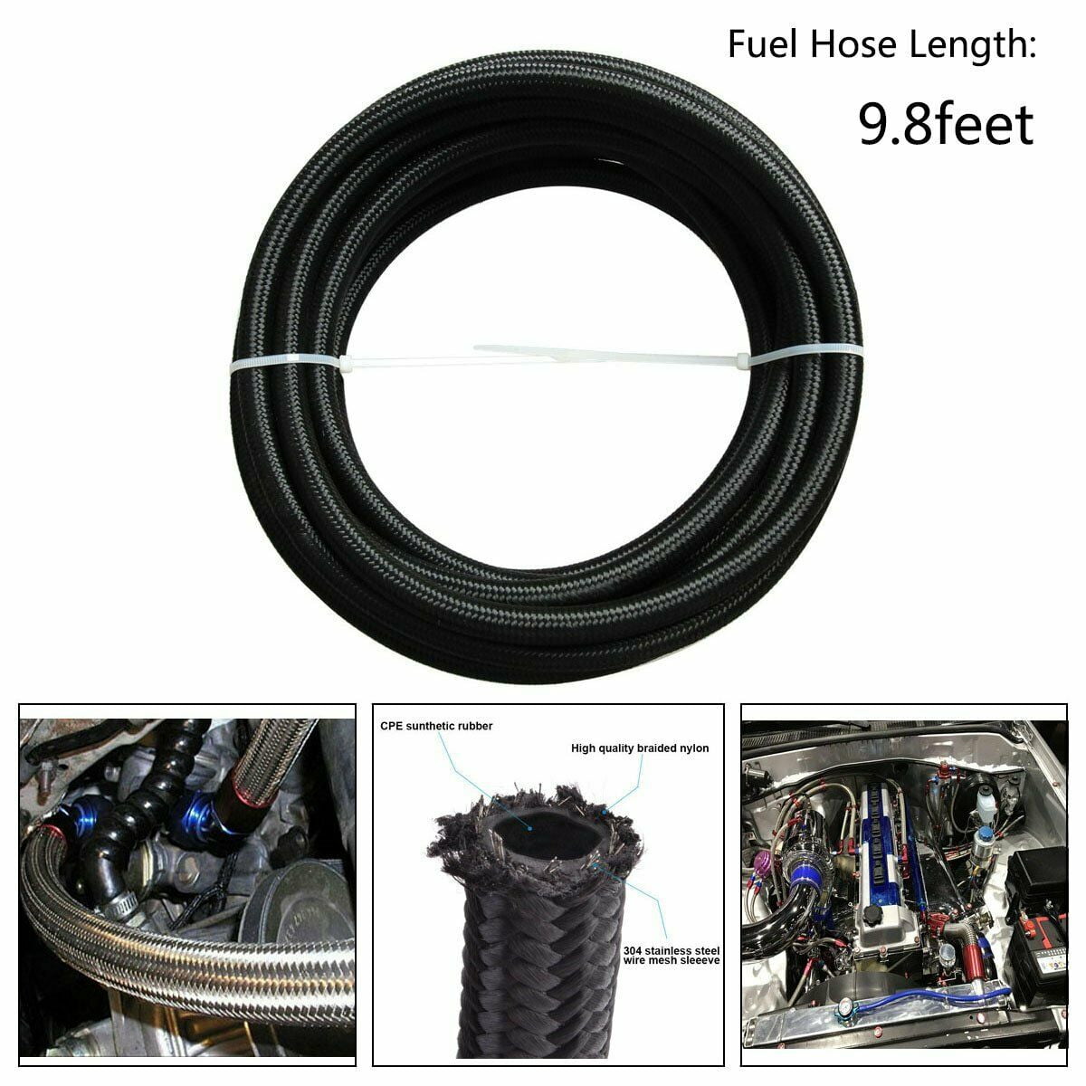 16FT 6AN Fuel Line Hose AN6 3/8 Nylon Stainless Steel Braided Universal CPE Tube Oil Fuel Gas Hose w/ 10 pcs Fitting Connectors 2 pcs Separator Clamps Black & Red