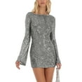 thumbnail image 3 of Women Spring Fall Party Mini Bodycon Dress Sequins Long Sleeve Tie-Up Backless Short Dress for Cocktail Club Streetwear, 3 of 6