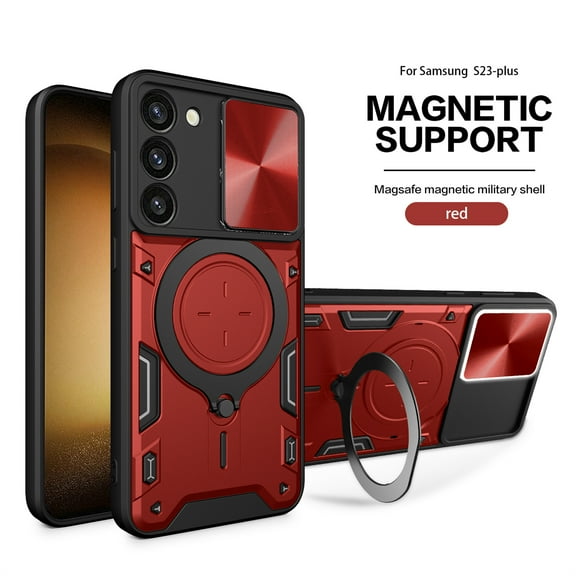 ELEHOLD Heavy Duty Rugged Case for Samsung Galaxy S23 Plus,Sliding Lens Cover Foldable Kickstand Bracket Strong Magnetic Force Shockproof Hybrid Case for Samsung S23+,Red