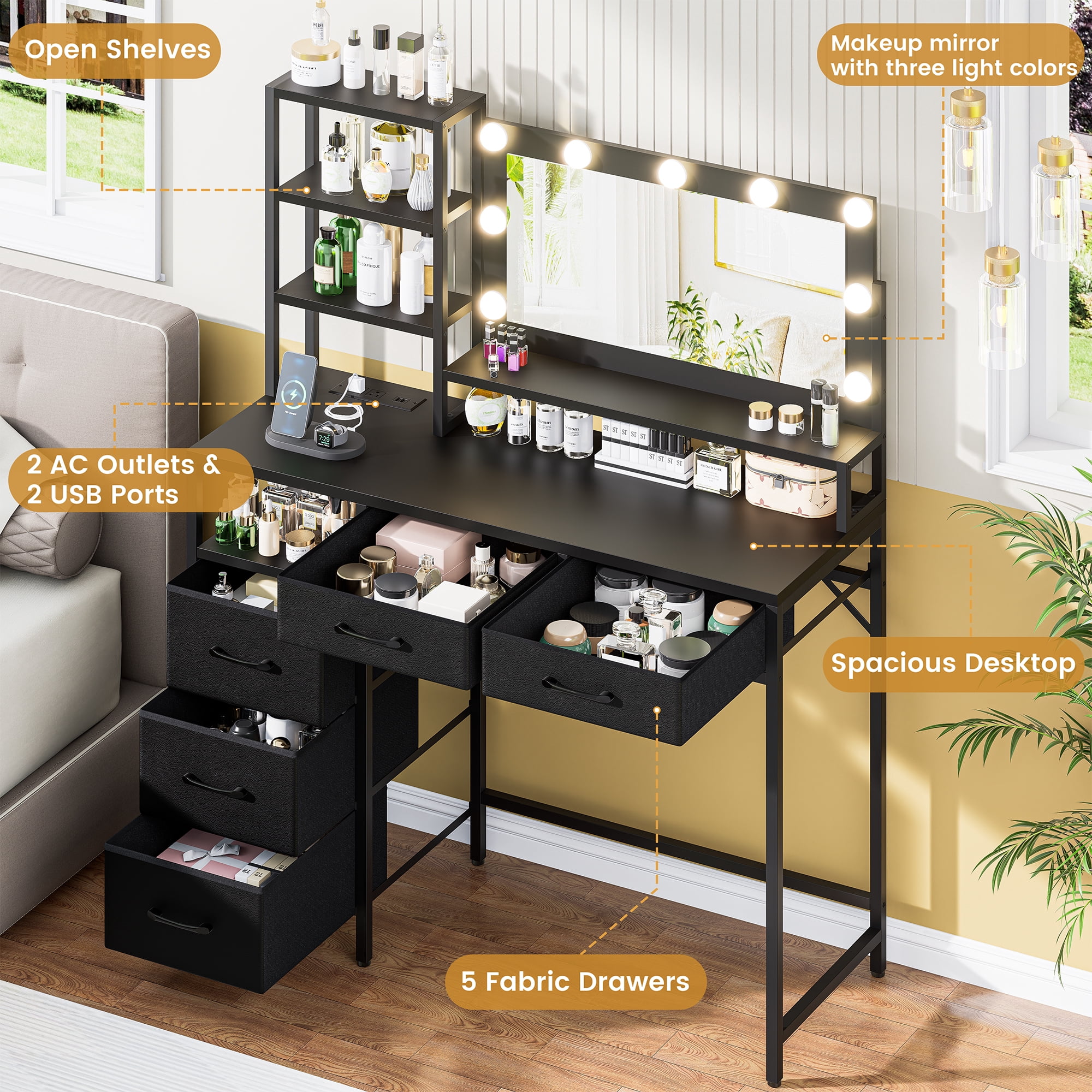 Vanity Desk with Mirror, 9 Lights, 3 Color Modes with Adjustable Brightness, 5 Spacious Fabric Drawers & Storage Shelves, Makeup Vanity with Power Outlets, Modern Vanity Table for Bedroom, Black