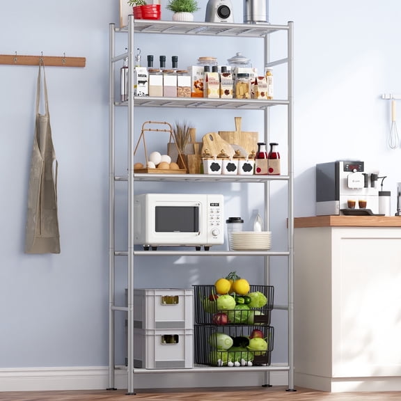 Sakugi Heavy-Duty 5-Tier Wire Storage Shelves, 33.1"W x 12.6"D x 72"H, 1000 lb Total Capacity, Silver