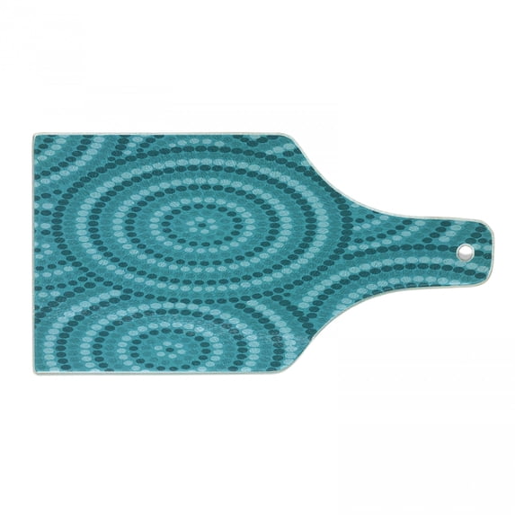 Teal Cutting Board, Abstract Aboriginal Tradition Dot Painting Australian Indigenous Folk Art Circle Shapes, Decorative Tempered Glass Cutting and Serving Board, Wine Bottle Shape, Teal, by Ambesonne