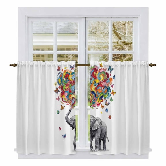 Cute Elephant Kitchen Curtain for Berdoom Living Room Cafe 54 Inch Length, Modern Abstract Oil Painting Aesthetic Tiers Curtains Light Filtering Drapes Rod Pocket Window Treatment 2 Panels 52"Wx54"L