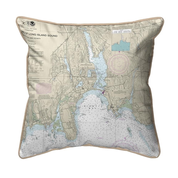 Betsy Drake Interiors North Shore Long Island to Niantic Bay, CT Nautical Map - Tan Cord Small Corded Indoor/Outdoor Pillow 12x12