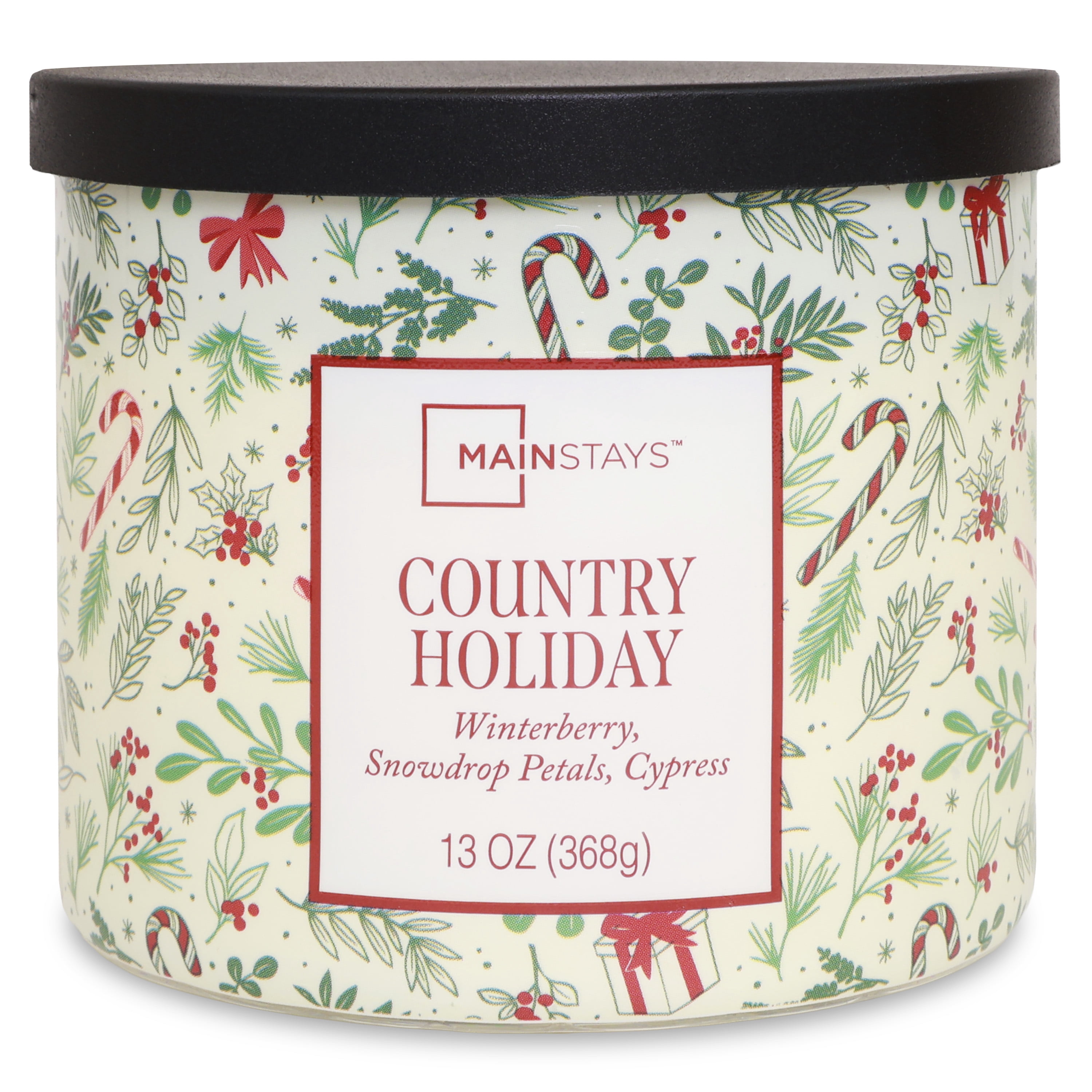 Mainstays 3-Wick Country Holiday Scented Candle with a White Garland Toss Scene Wrap, 13-Ounce