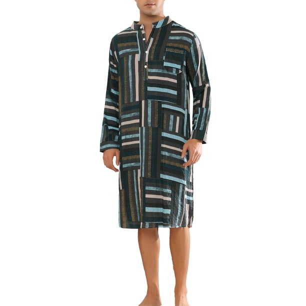 INSPIRAR CHIC Camisas de dormir de manga larga para hombres con patrón geométrico irregular Henley en azul marino S