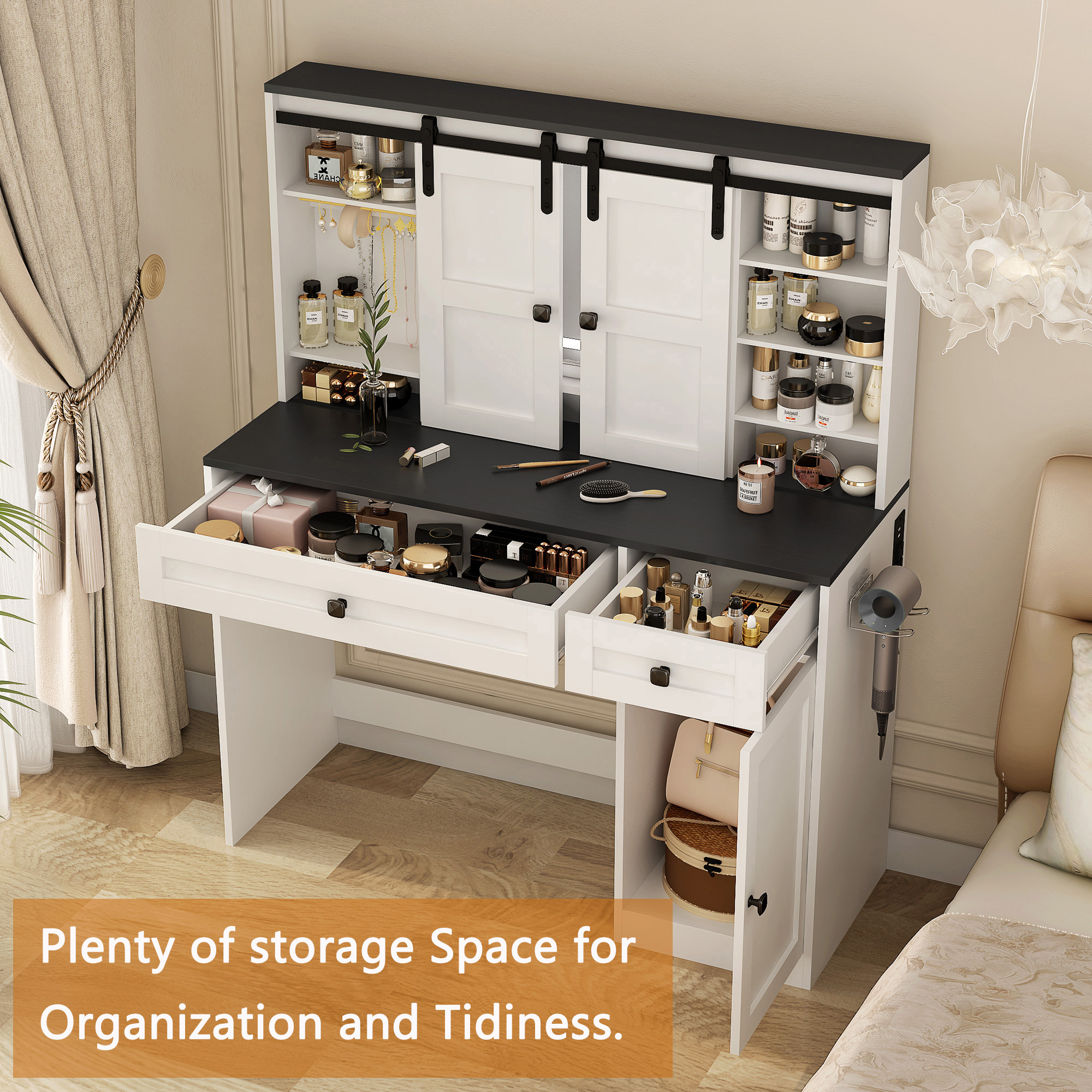 Aukfa Farmhouse Vanity Desk w/Mirror & Light, Large Dressing Table Set for Bedroom,White