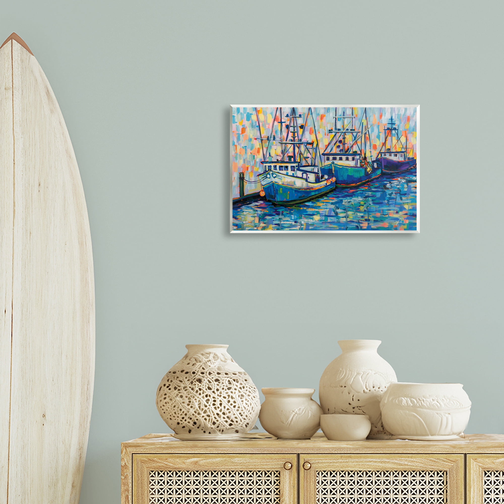 Stupell Industries Vivid Boats in Harbor Transportation Painting Unframed Art Print Wall Art, 19 x 13