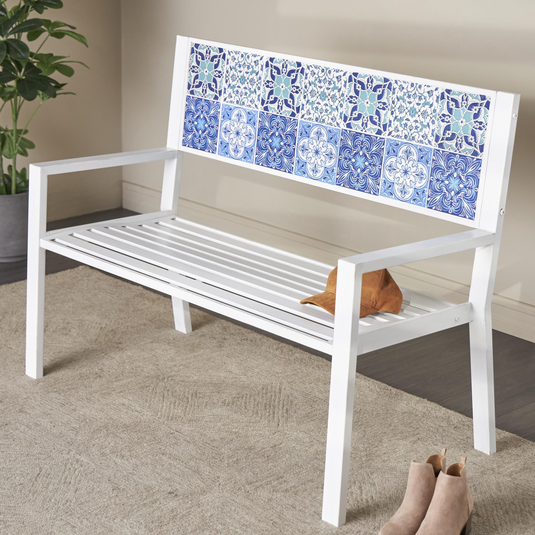 DecMode Metal Floral Scroll Mosaic Outdoor Bench with Blue and Teal Patterns, White