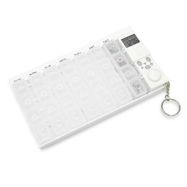 PENGXIANG Household Plastic 7 Days 28 Slots Pill Reminder Box with Electronic Alarm Hiking Traveling Tablets Organizer Dispenser Container Blue
