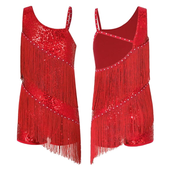 Mufeng Big Girls Latin Rumba Dancing Clothes Samba Tango Competition Modern Jazz Leotards Tassels Dance Dress Red 16
