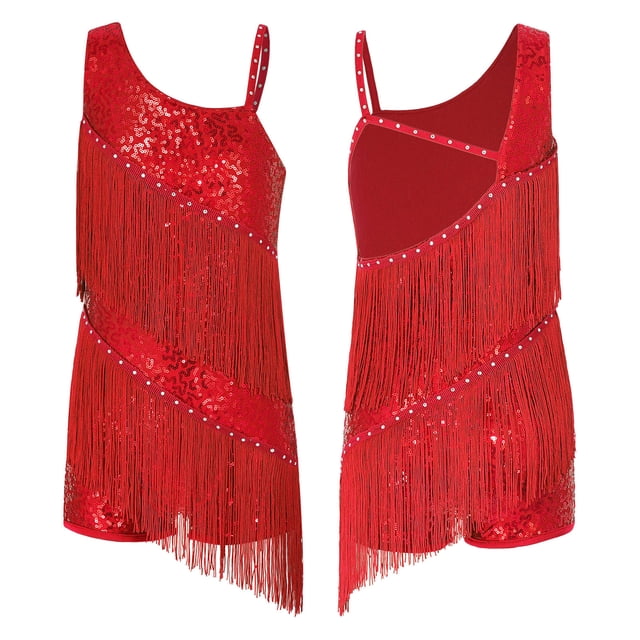 Mufeng Vêtements de Danse Latine Rumba pour Grandes Filles Justaucorps de Jazz Moderne Compétition Samba Tango Robe de Danse Rouge 14