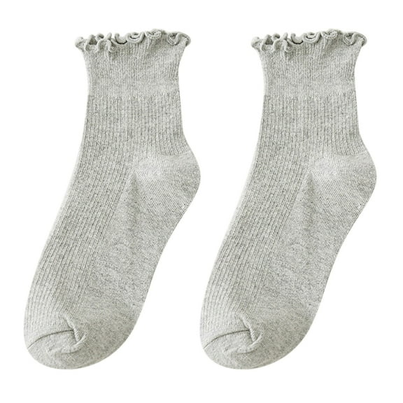 CUZIBR Socks For Women Ruffles Trim Casual Cotton Crew Socks Solid Color Knit Low Ankle Fashion Soft Comfy Dailywear,Grey,One Size