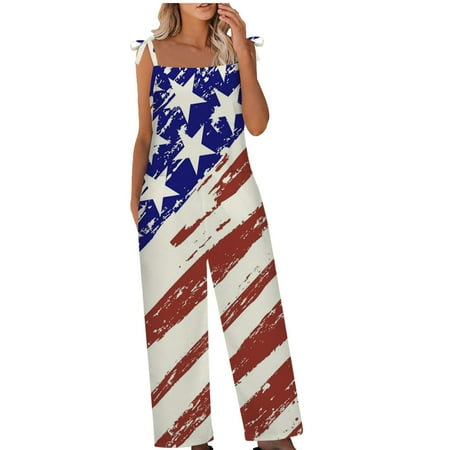 

Dyegold Jumpsuits for Women Casual Womens Patriotic Jumpsuits Casual Summer Lightweight Playsuit 4th of July Square Neck Sleeveless Rompers Overalls
