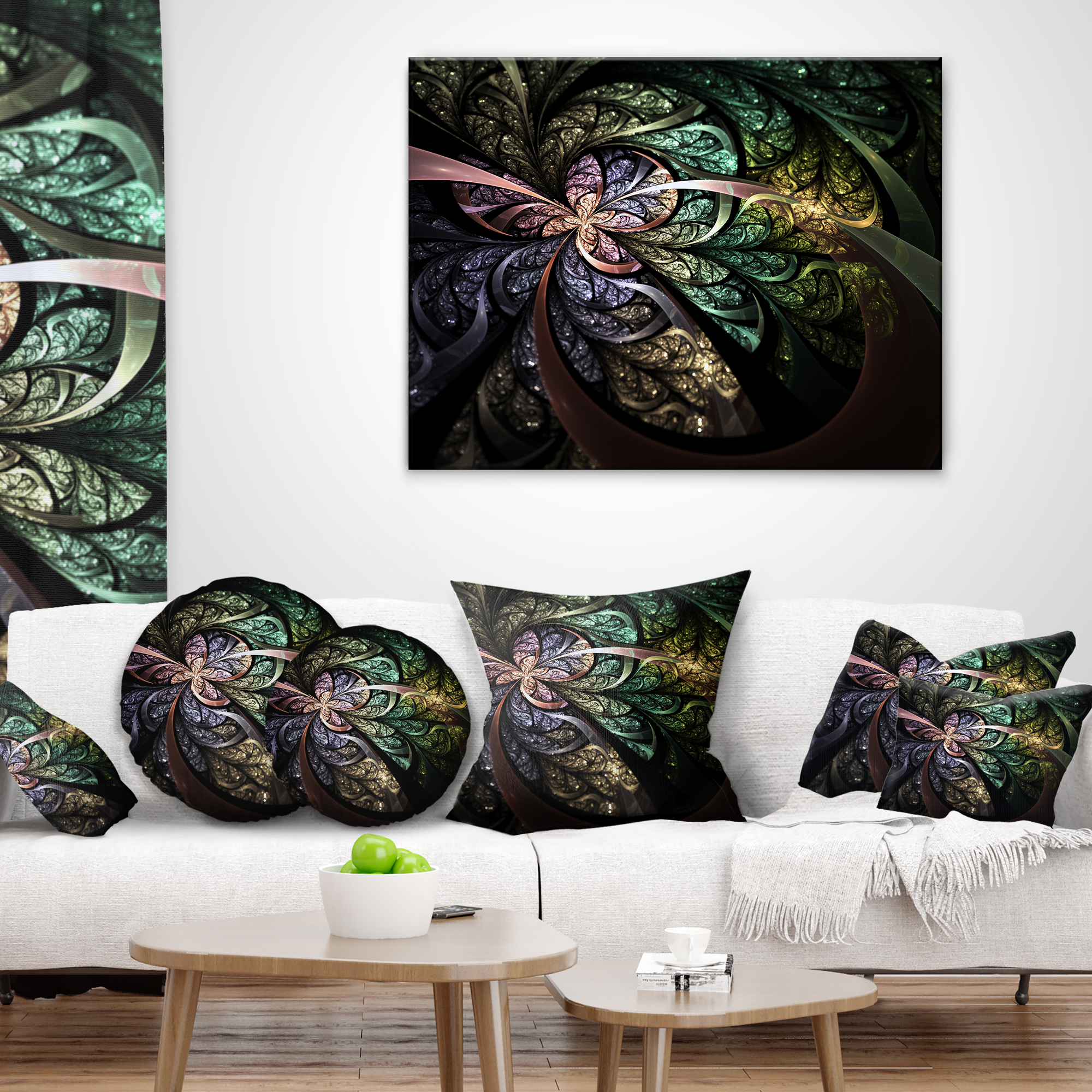 Designart Brown Blue Fractal Flower Digital Art - Floral Throw Pillow - 16x16