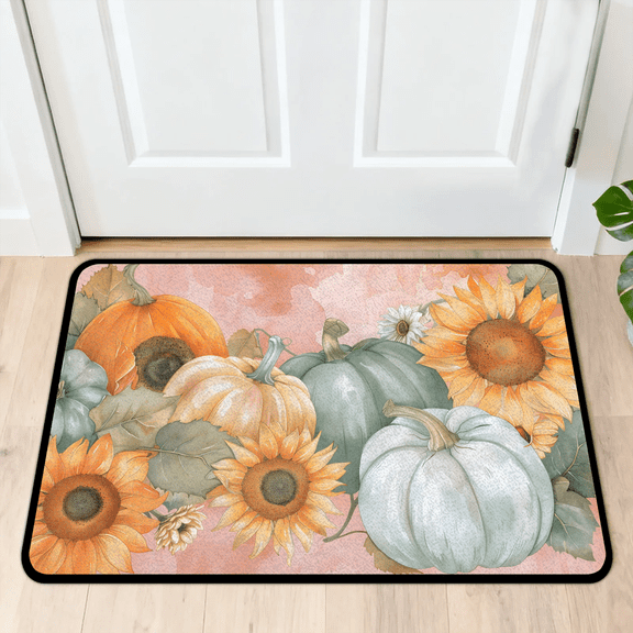 CURLYOOT Flower Pumpkin Fall Watercolor Indoor Doormat, Non-Slip Absorbent Door Mat 24" x 16", Entrance Floor Mat Washable Entry Doormats for Entryway Front Back Door