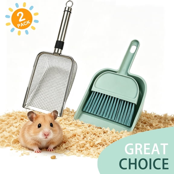 BellaNotes Small Pet Cleaning Set, Stainless Steel Sand Scoop & Mini Brush Dustpan Kit, Multifunctional Cage Cleaning Tools for Hamster, Gerbil, Guinea Pig and Reptile