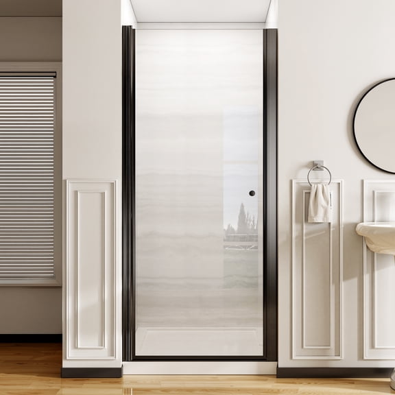 Frameless Pivot Shower Door 34” W x 72” H, 1/4” (6mm) Tempered Glass Swing Shower Door with Safety Explosion-Proof Film, Reversible Installation, Matte Black Finish