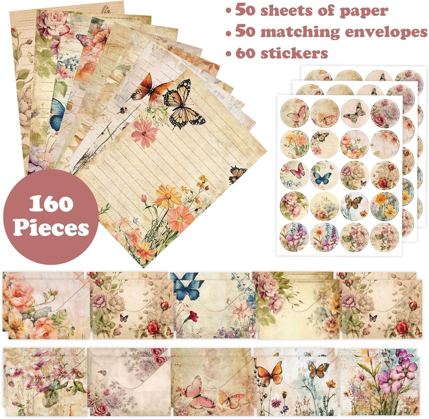 160 Packs Stationery Paper and Envelopes Set 10 Different Designs, 50 One Sided Writing Papers with Matching 60 Round Dot Sticker, 5.5 x 8.25 Inch (VintagePlant)