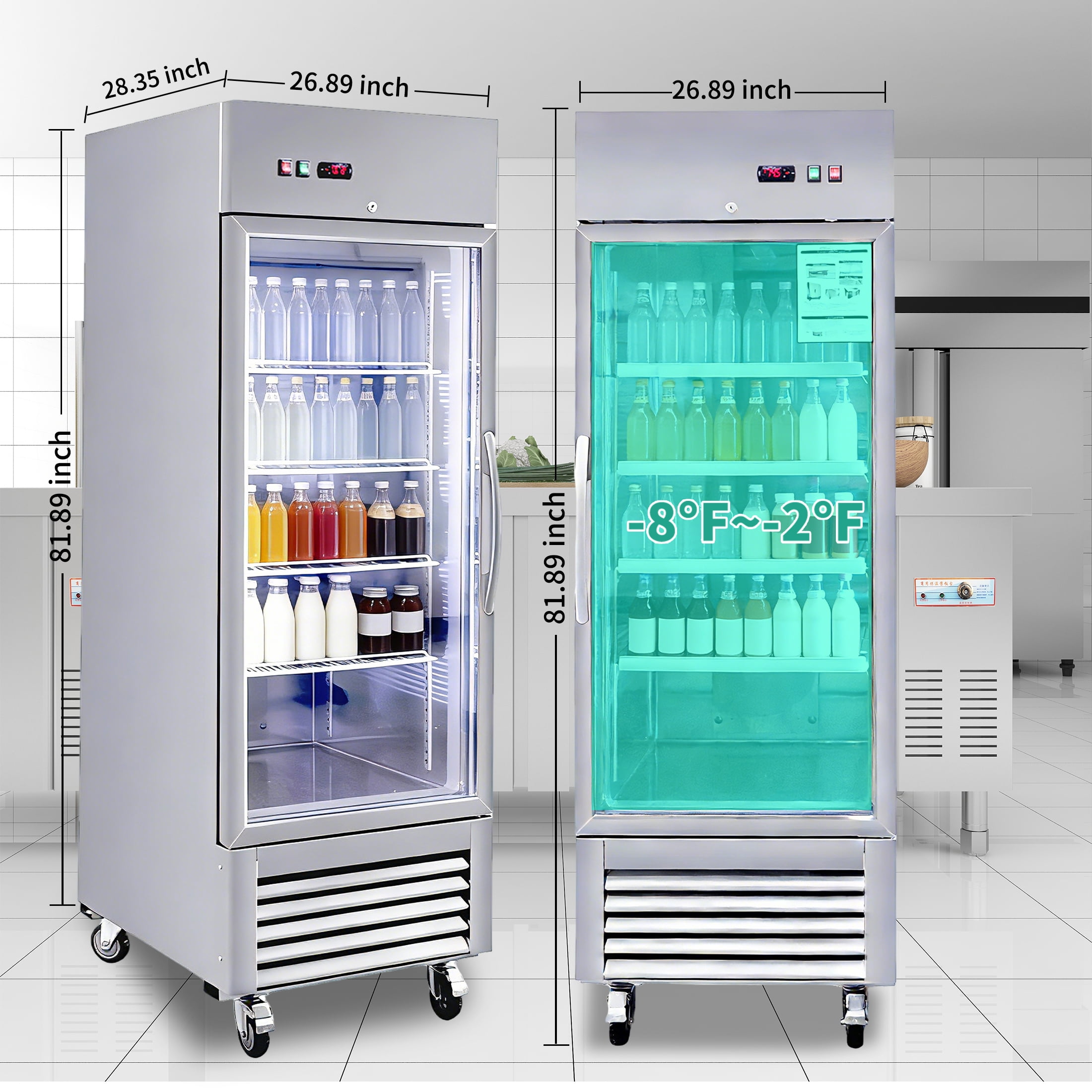 CTOSPOATO 27"W Commercial Refrigerator 1 Glass Door Stainless Steel Interior and Exterior Construction 18.68 Cu.ft.for Restaurant,Bar,Shop