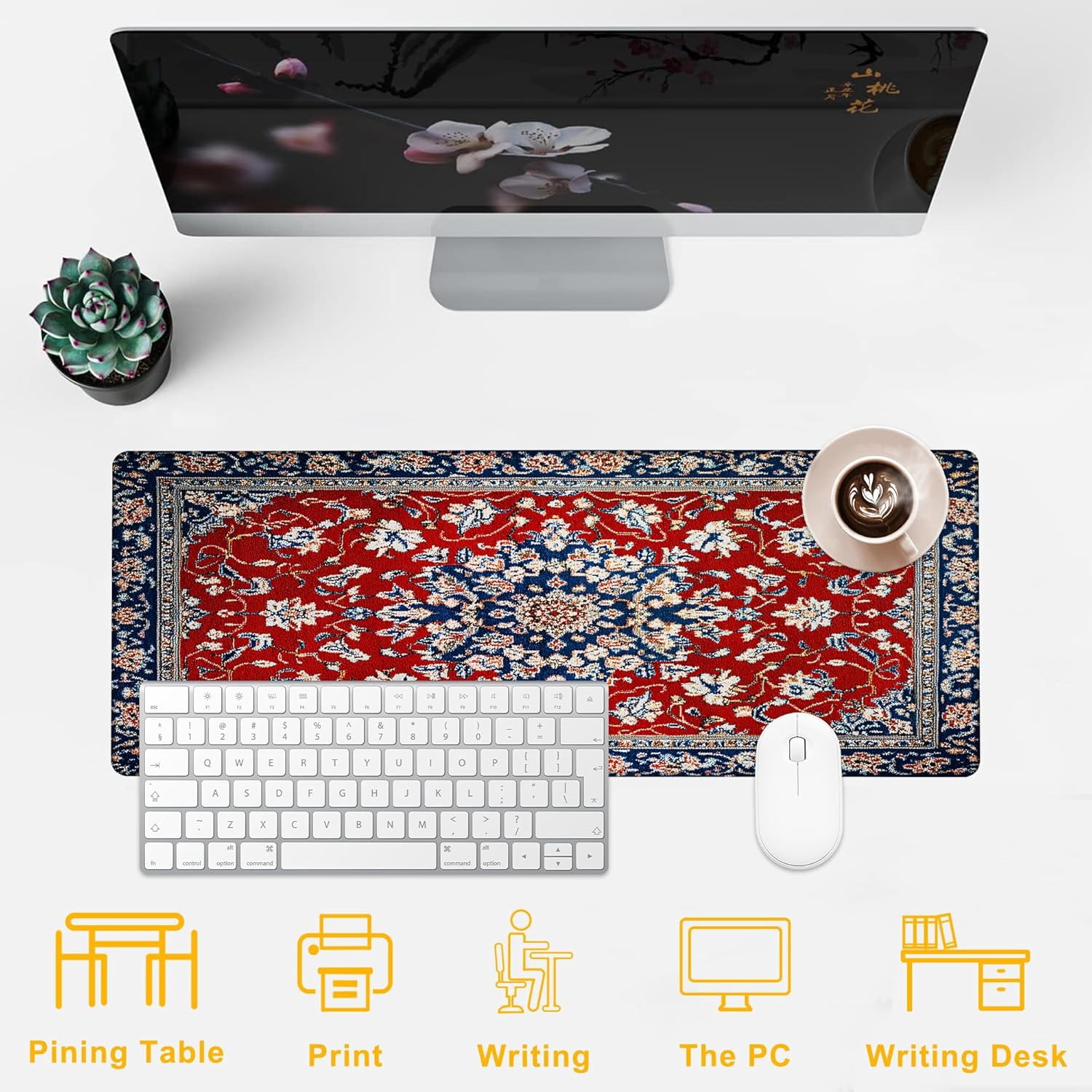 Desk Pad Boho Floral Desk Mat for Keyboard and Mouse, Large Mousepad with Stitched Edges for Work Game Office, 31.5 x 11.8 in